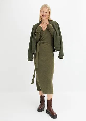 Pletené šaty v midi délce • tmavě olivový melír • bonprix obchod