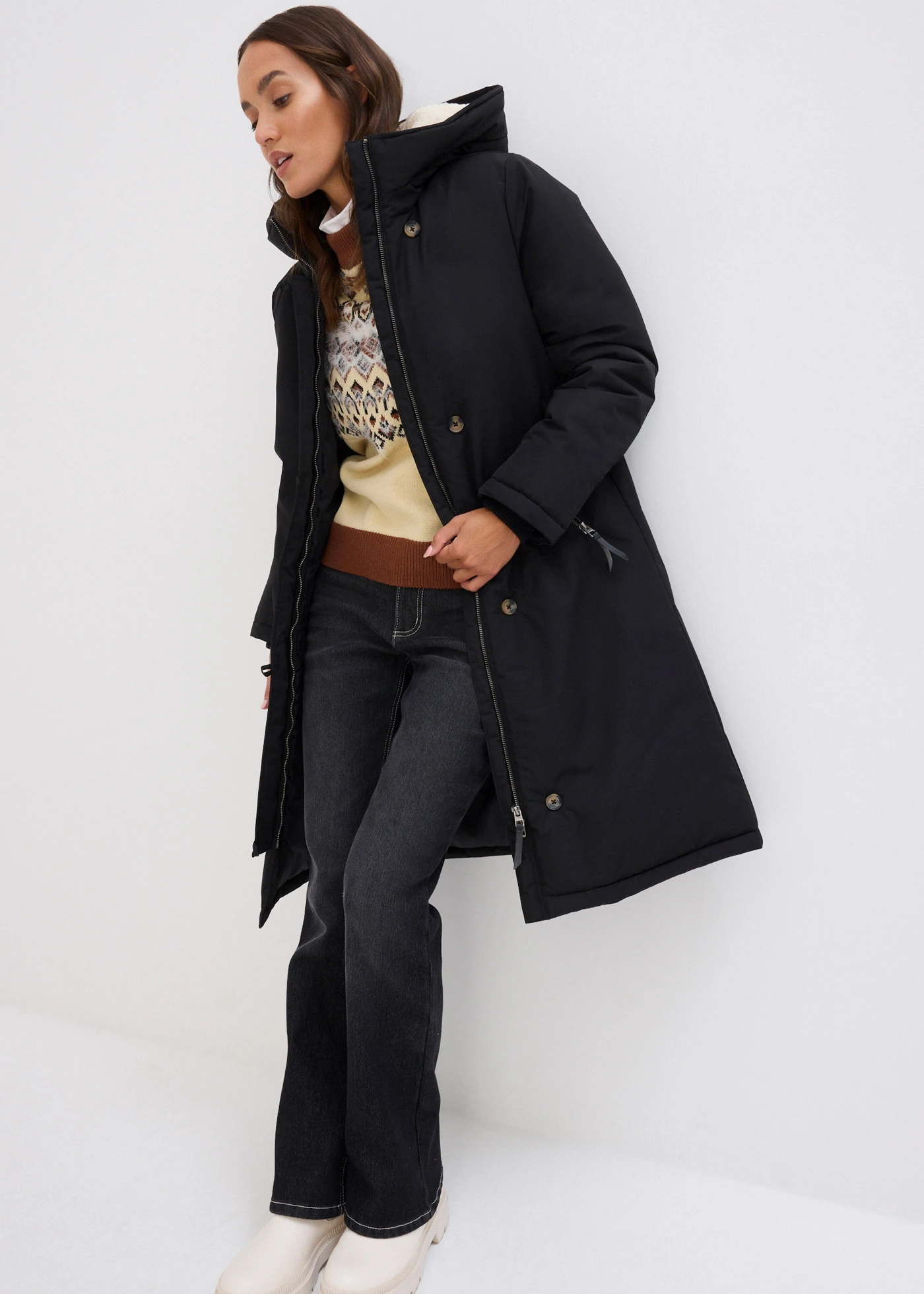 Lange winterjas met teddy • zwart • bonprix online shop