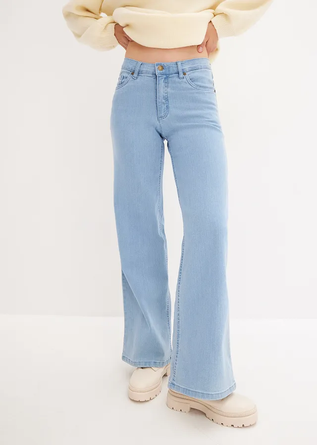 Jean large, taille mi-haute, extensible, Couleur: bleu clair denim used