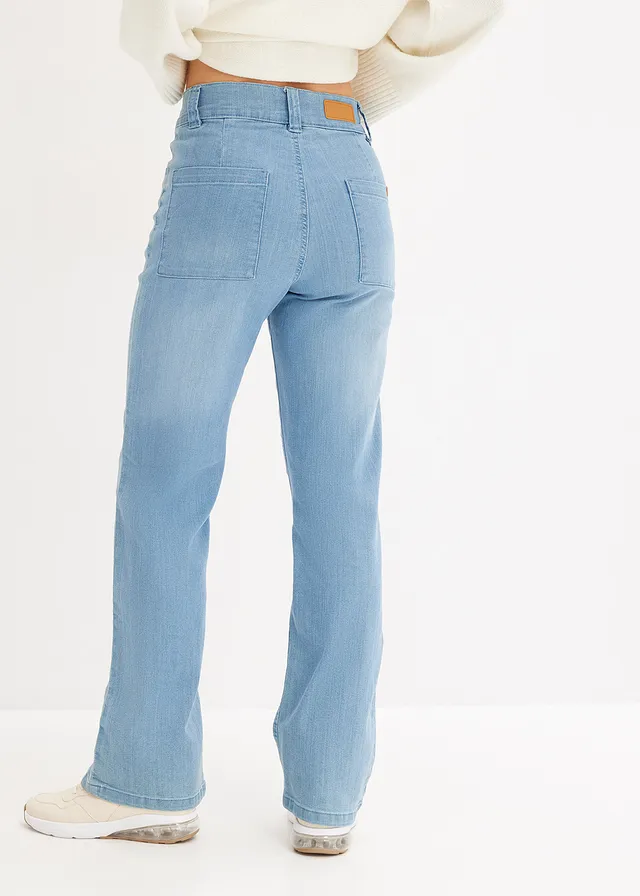 Jeansy ze stretchem, high waist, straight • jasnoniebieski denim "used" • sklep bonprix