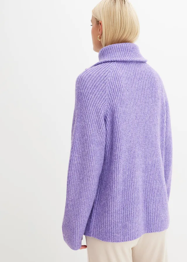 Sweter w prążki ze stójką • kremowy liliowy • sklep bonprix