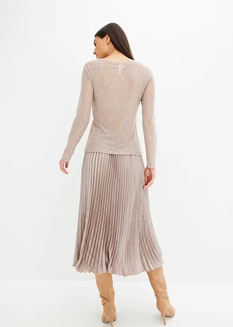 Bluză cu mâneci lungi din mesh lucios • bej-piatră  /argintiu metalic • magazin bonprix
