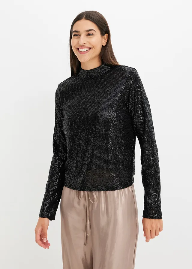Blouse met pailletten, Kleur: zwart