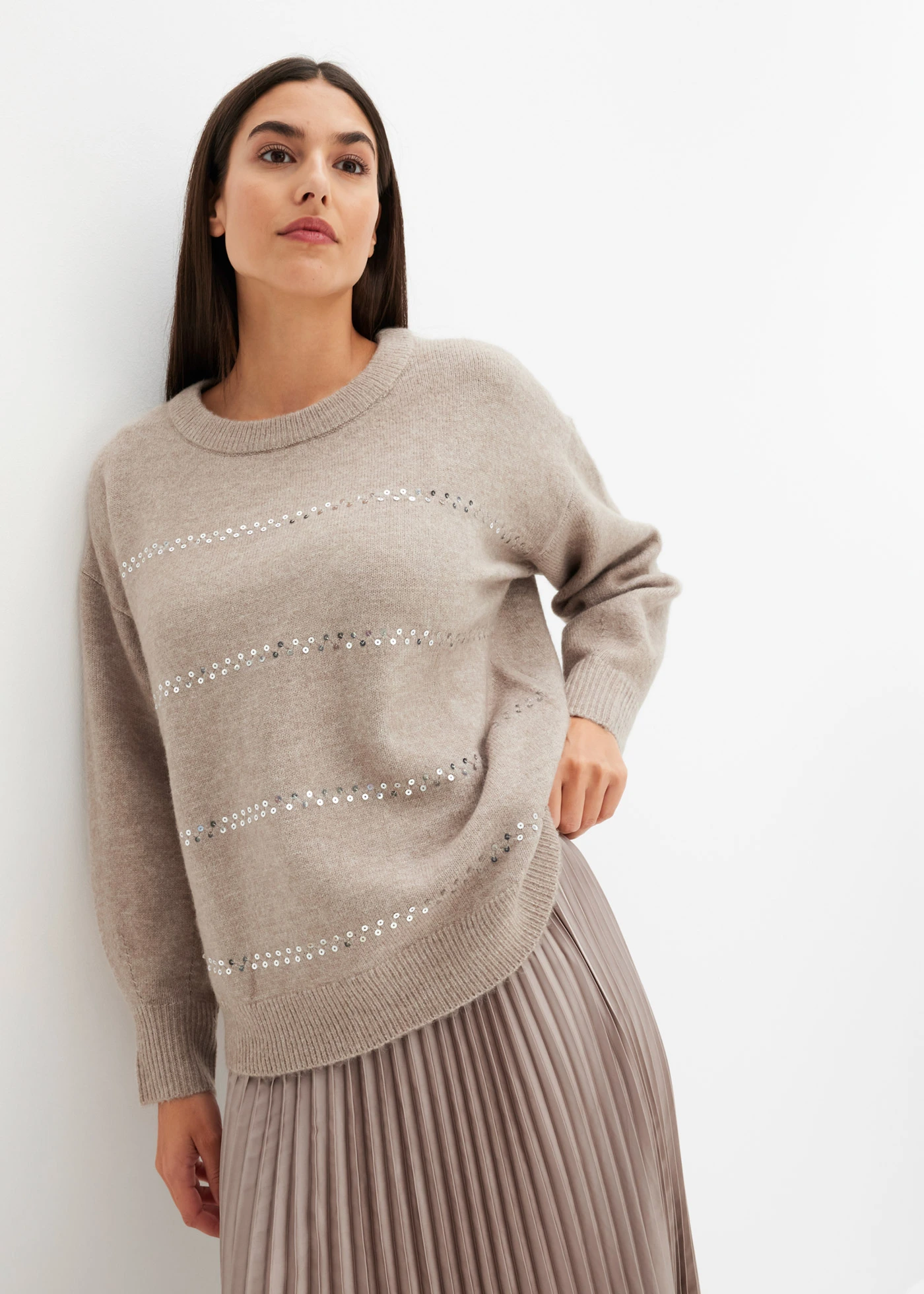 Boxy trui met pailletten • natuursteen gemêleerd • bonprix online shop