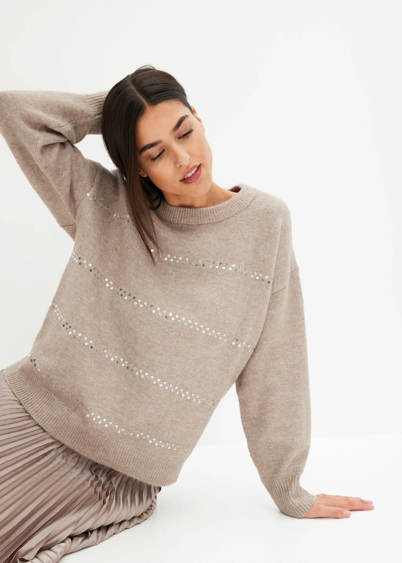 Boxy trui met pailletten • natuursteen gemêleerd • bonprix online shop