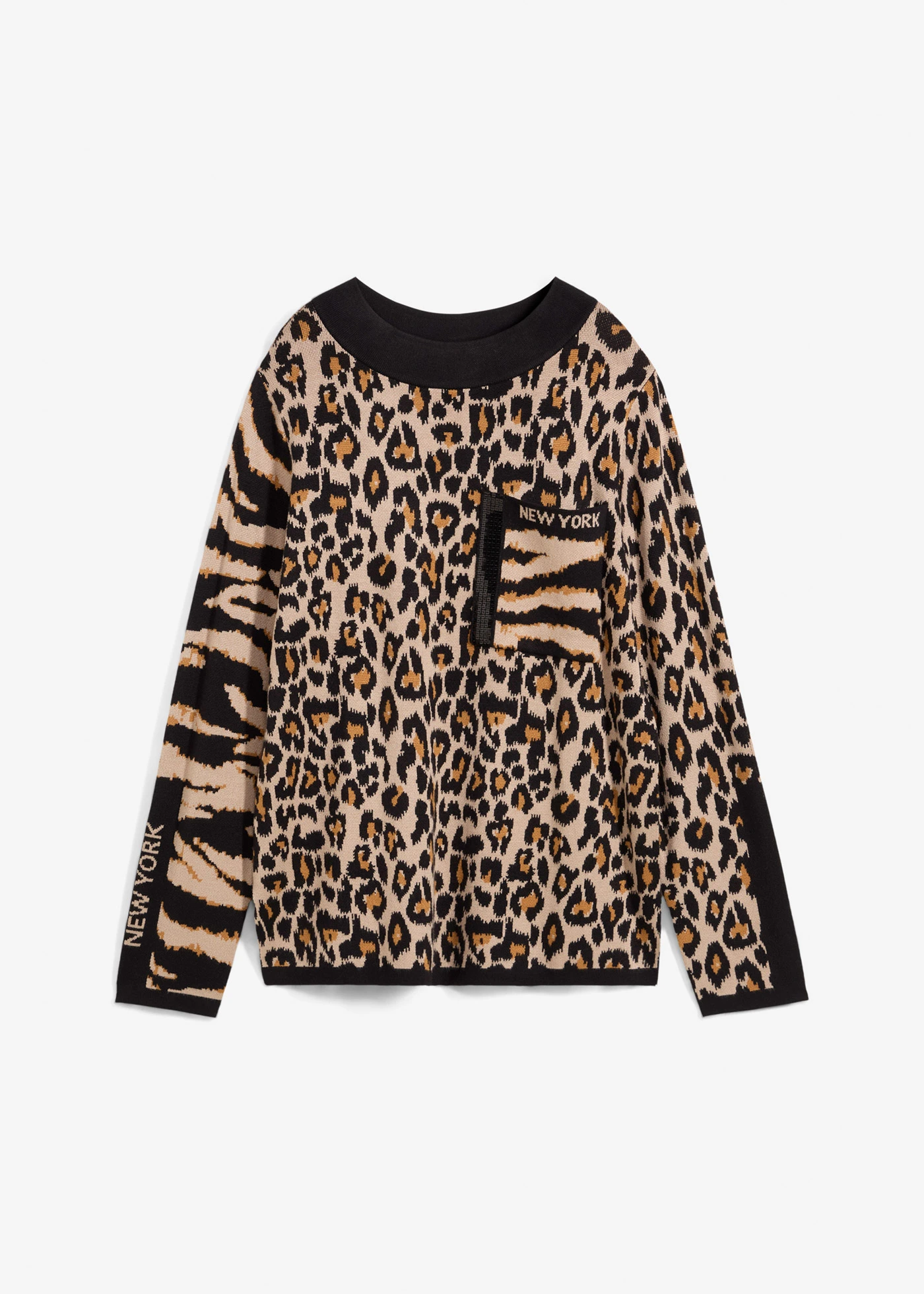 Fijn gebreide trui met luipaardprint • amandelbeige-bruin-zwart • bonprix online shop