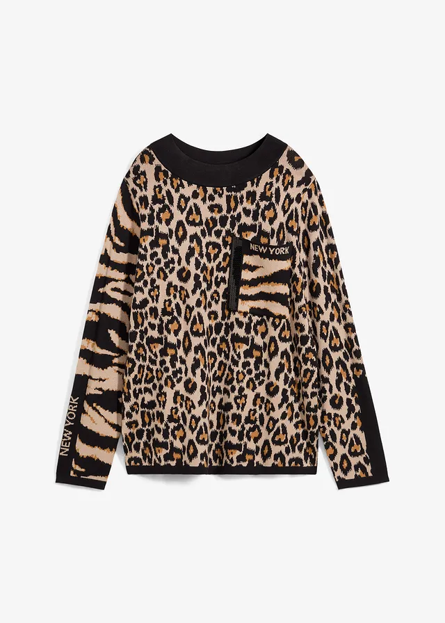 Pulover din tricotaj fin cu design leopard • imprimat leo bej-migdală/maro/negru • magazin bonprix