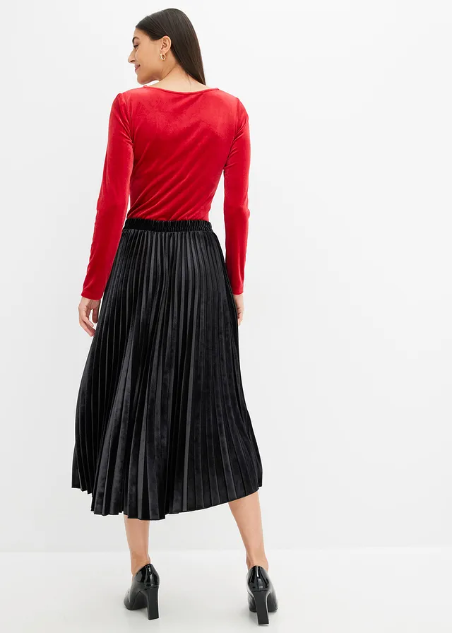 Plissé rok van zacht fluweel, Kleur: zwart