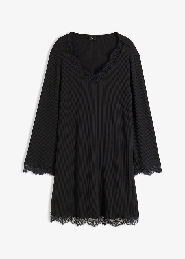 Koszula nocna w prążek z koronką • czarny • sklep bonprix