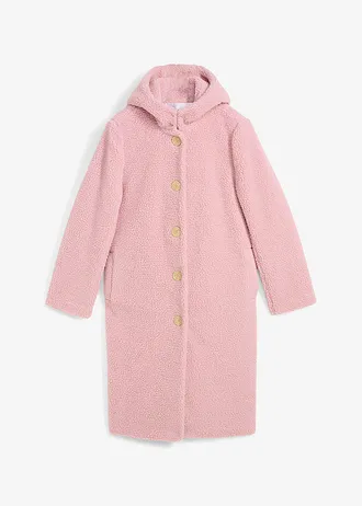 Lange teddy jas met capuchon en zakken, Kleur: asroze