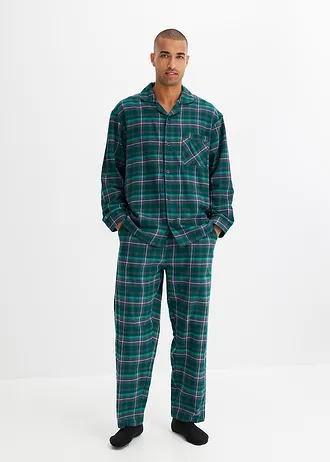 Pyjama boutonné homme en flanelle douce, manches longues • vert forêt carreaux • Boutique bonprix