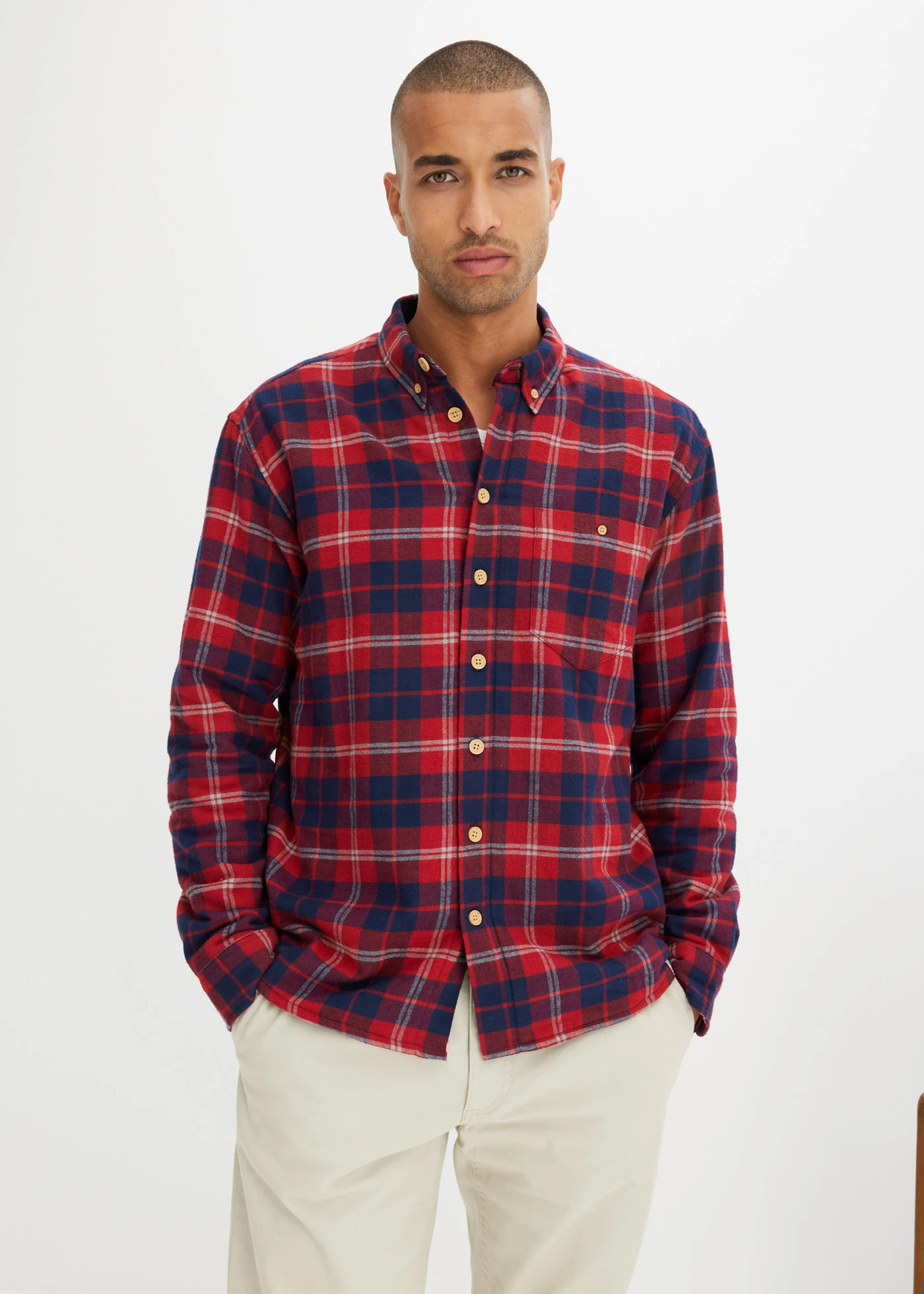 Flanelová košile s hřejivou flísovou podšívkou • rudá-šedá-tmavě modrá -nugátová kostkované • bonprix obchod