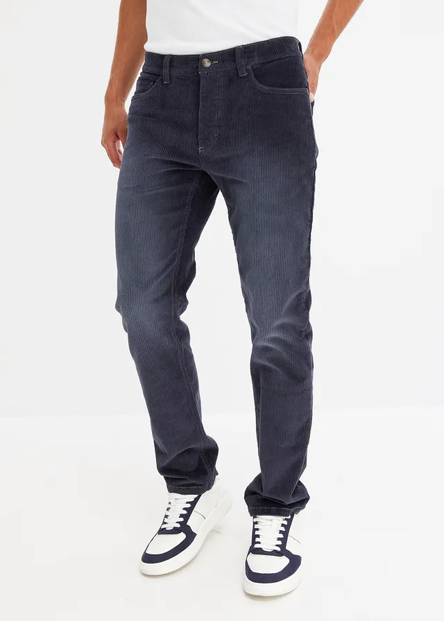 Manšestrové strečové kalhoty Regular Fit Straight, sepraný vzhled, barva: noční modrá-světle olivová
