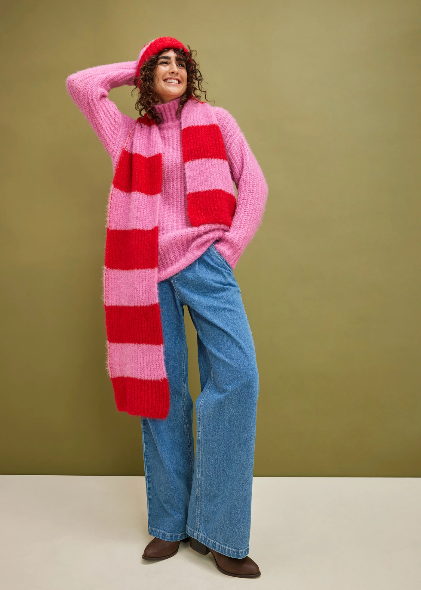 Šál a čiapka (2-dielna) • červená salsa-ružovo cyklámenová pásikovaná • obchod bonprix