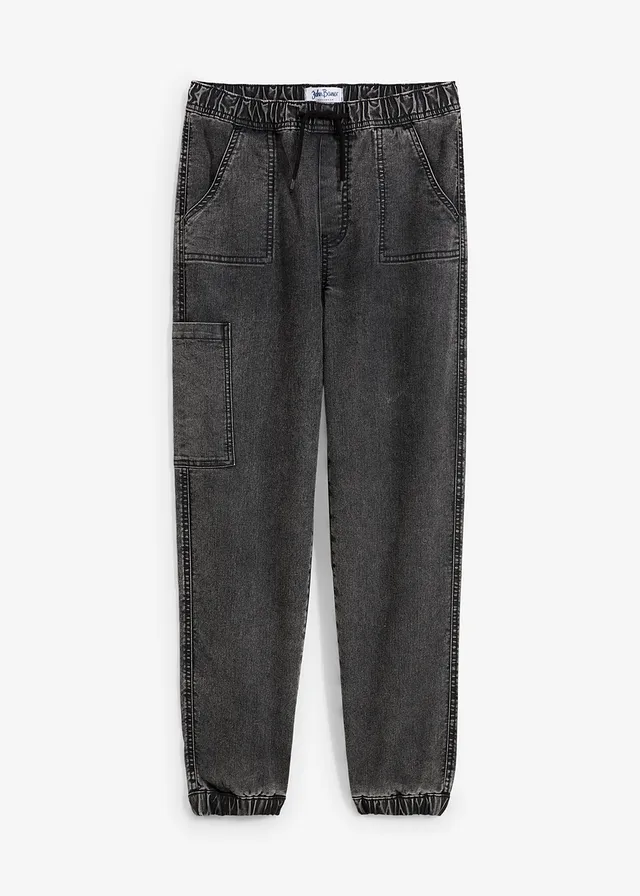 Dżinsy bojówki o kroju loose fit z materiału z domieszką stretchu, z elastyczną gumką w pasie - Bonprix