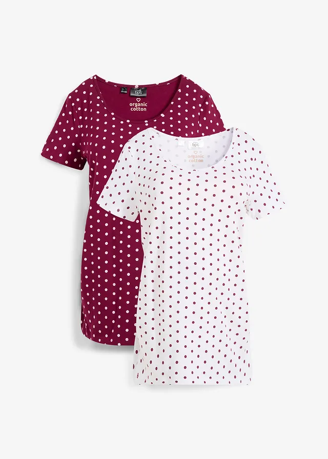 Lot de 2 T-shirts de grossesse en coton, Couleur: prune+blanc à pois
