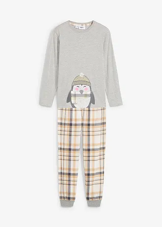 Kinderen pyjama met flanellen broek (2-dlg. set) • latte macchiato-wolwit-lichtgrijs gemêleerd met print • bonprix online shop