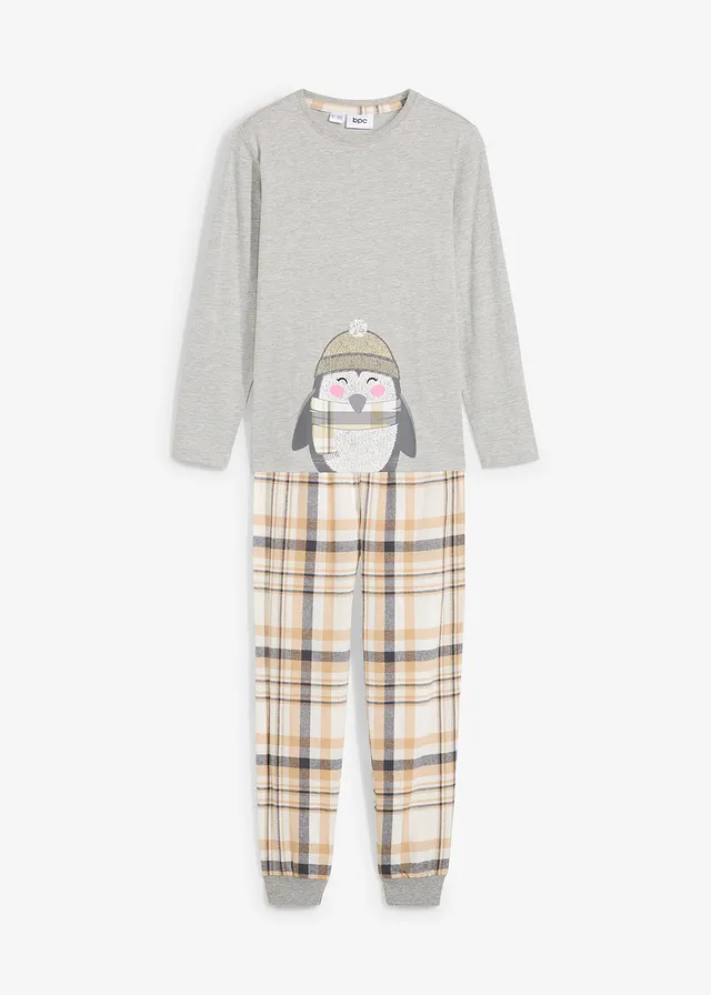 Kinderen pyjama met flanellen broek (2-dlg. set) • latte macchiato-wolwit-lichtgrijs gemêleerd met print • bonprix online shop
