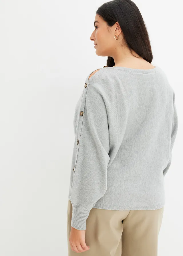 Pull avec détails boutons, Couleur: gris clair chiné
