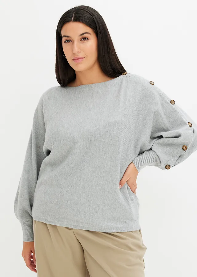 Pull avec détails boutons, Couleur: gris clair chiné
