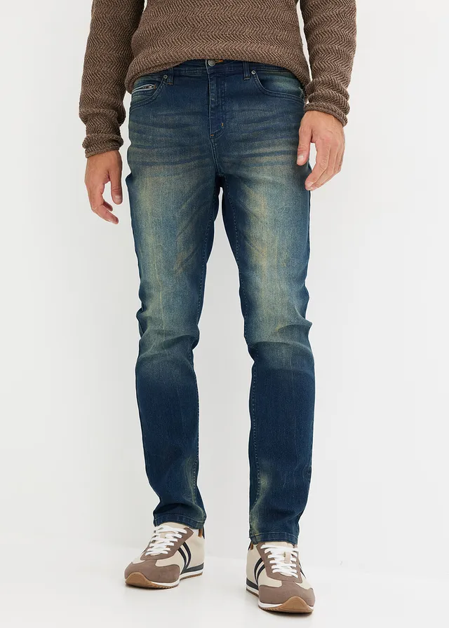 Jean slim extensible et léger, droit, Couleur: bleu foncé denim