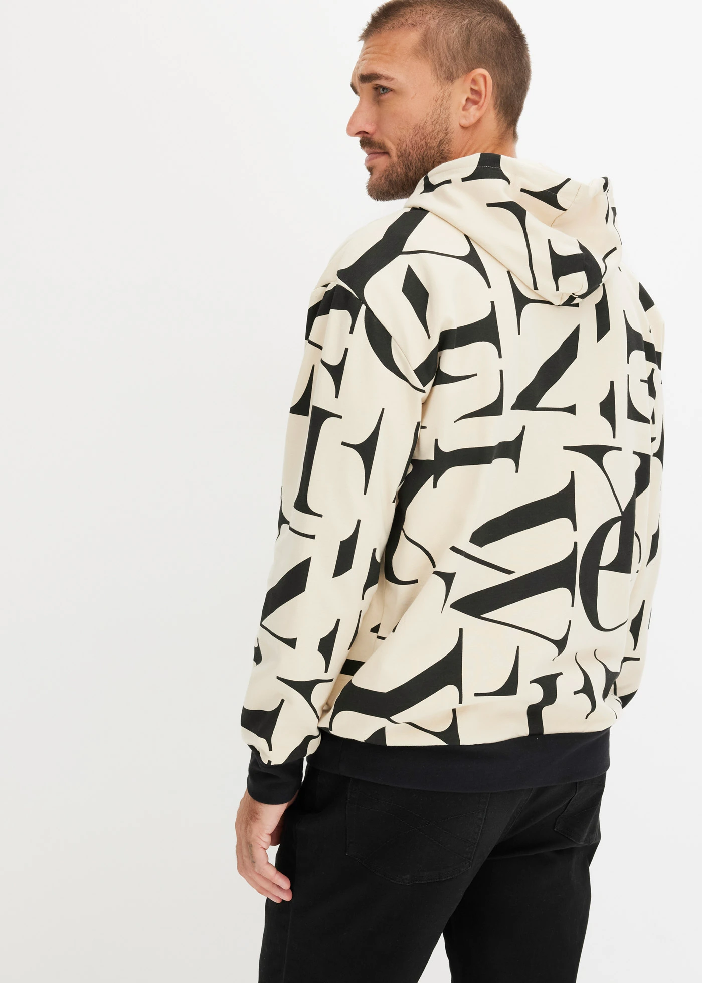 Sweat à capuche 100% coton, coupe loose • sable clair-noir • Boutique bonprix