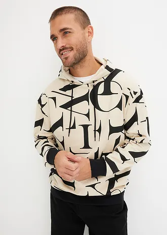 Sweat à capuche 100% coton, coupe loose • sable clair-noir • Boutique bonprix