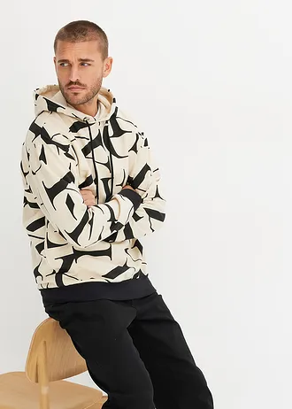 Sweat à capuche 100% coton, coupe loose • sable clair-noir • Boutique bonprix