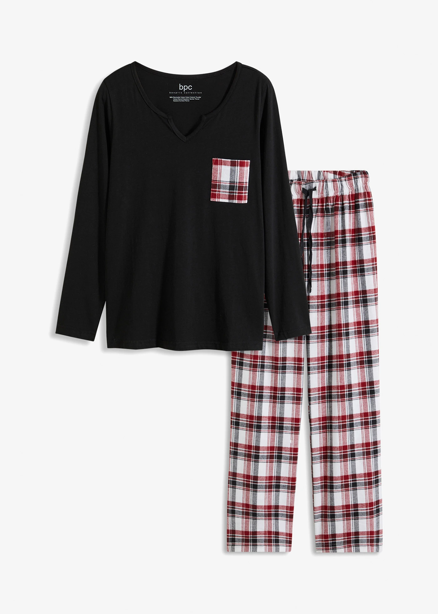 Pyjama met flanellen broek • zwart-bordeaux geruit • bonprix online shop