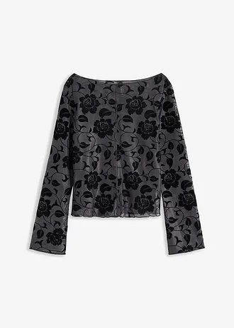 Licht transparante longsleeve, Kleur: antraciet gebloemd