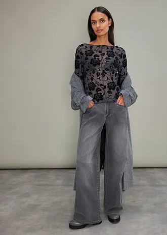 Licht transparante longsleeve, Kleur: antraciet gebloemd