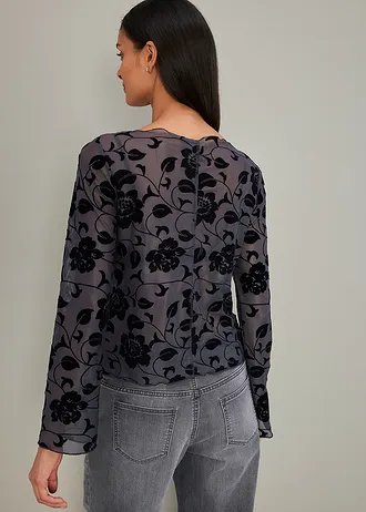 Licht transparante longsleeve, Kleur: antraciet gebloemd