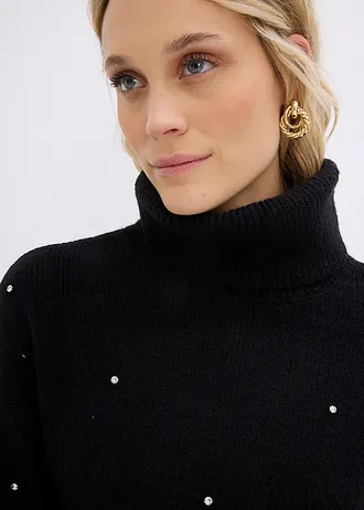 Svetr s rolákovým límcem a štrasovými kamínky • černá • bonprix obchod