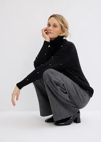 Svetr s rolákovým límcem a štrasovými kamínky • černá • bonprix obchod