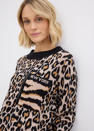 Pulover din tricotaj fin cu design leopard • imprimat leo bej-migdală/maro/negru • magazin bonprix