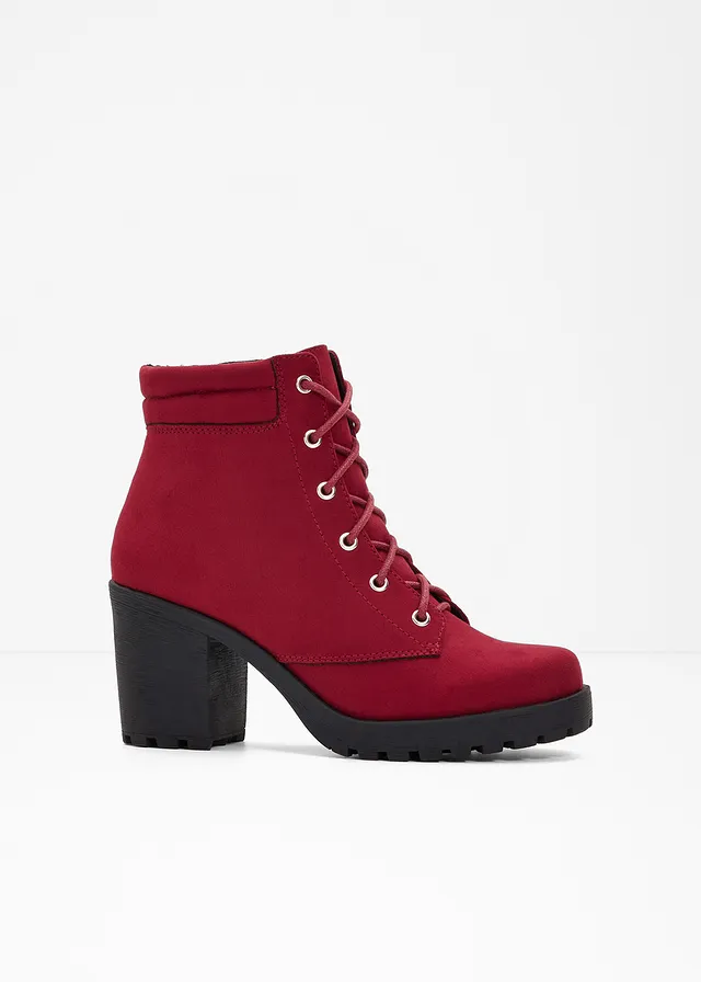 Bottines à lacets et talon carré, Couleur: rouge foncé