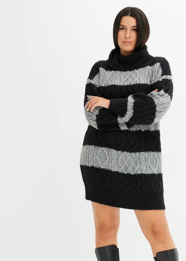 Robe en maille rayée, Couleur: noir/gris chiné rayé