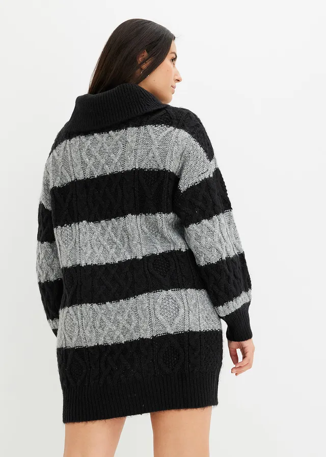 Robe en maille rayée, Couleur: noir/gris chiné rayé
