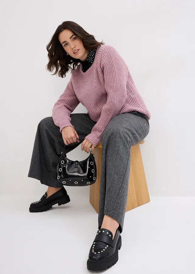 Pull en grosse maille avec fil brillant, Couleur: rose cendré