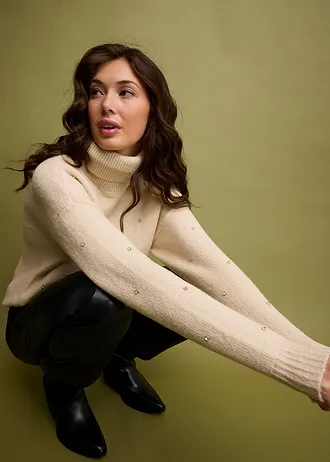 Svetr s rolákovým límcem a štrasovými kamínky • béžová • bonprix obchod