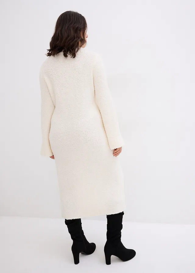 Gebreide jurk van bouclé, Kleur: wolwit