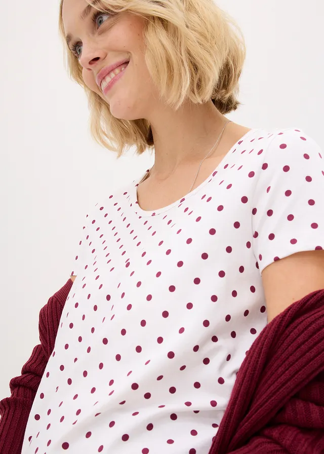 Bluză gravide 2 buc., din bumbac organic, cu buline • mov + alb buline • magazin bonprix