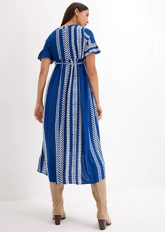 2-in-1 zwangerschapsjurk/voedingsjurk van soepele viscose, Kleur: wit-royalblauw grafische print