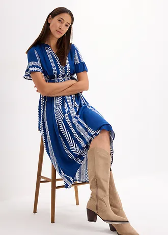 2-in-1 zwangerschapsjurk/voedingsjurk van soepele viscose, Kleur: wit-royalblauw grafische print