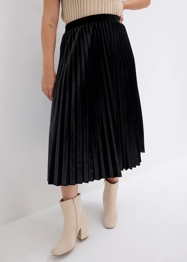 Plissé rok van zacht fluweel, Kleur: zwart