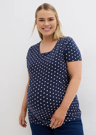 Lot de 2 T-shirts de grossesse en coton, Couleur: blanc pois noir+bleu foncé pois blanc