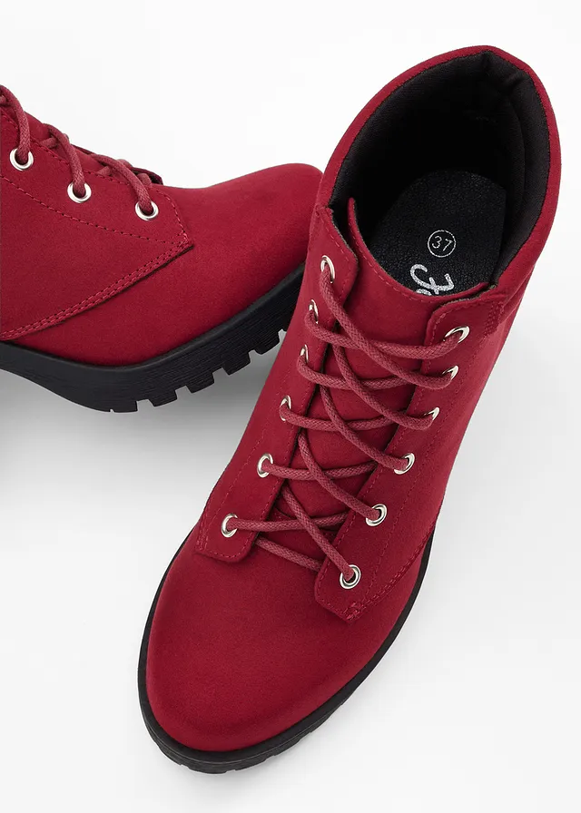 Bottines à lacets et talon carré, Couleur: rouge foncé