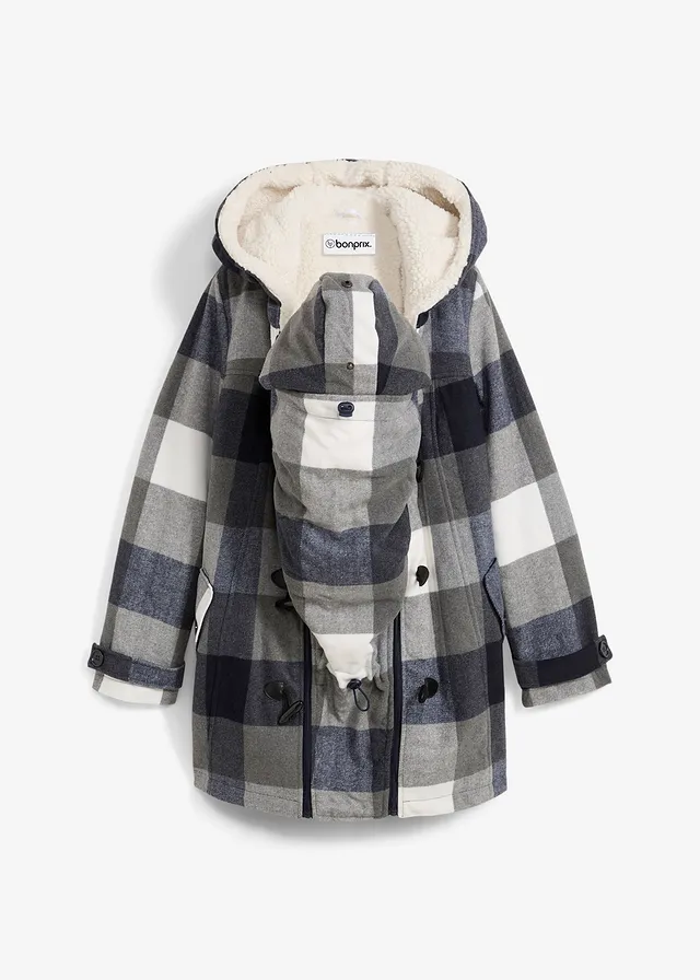 Veste de grossesse et de portage en laine avec doublure peluche, Couleur: bleu foncé/gris à carreaux
