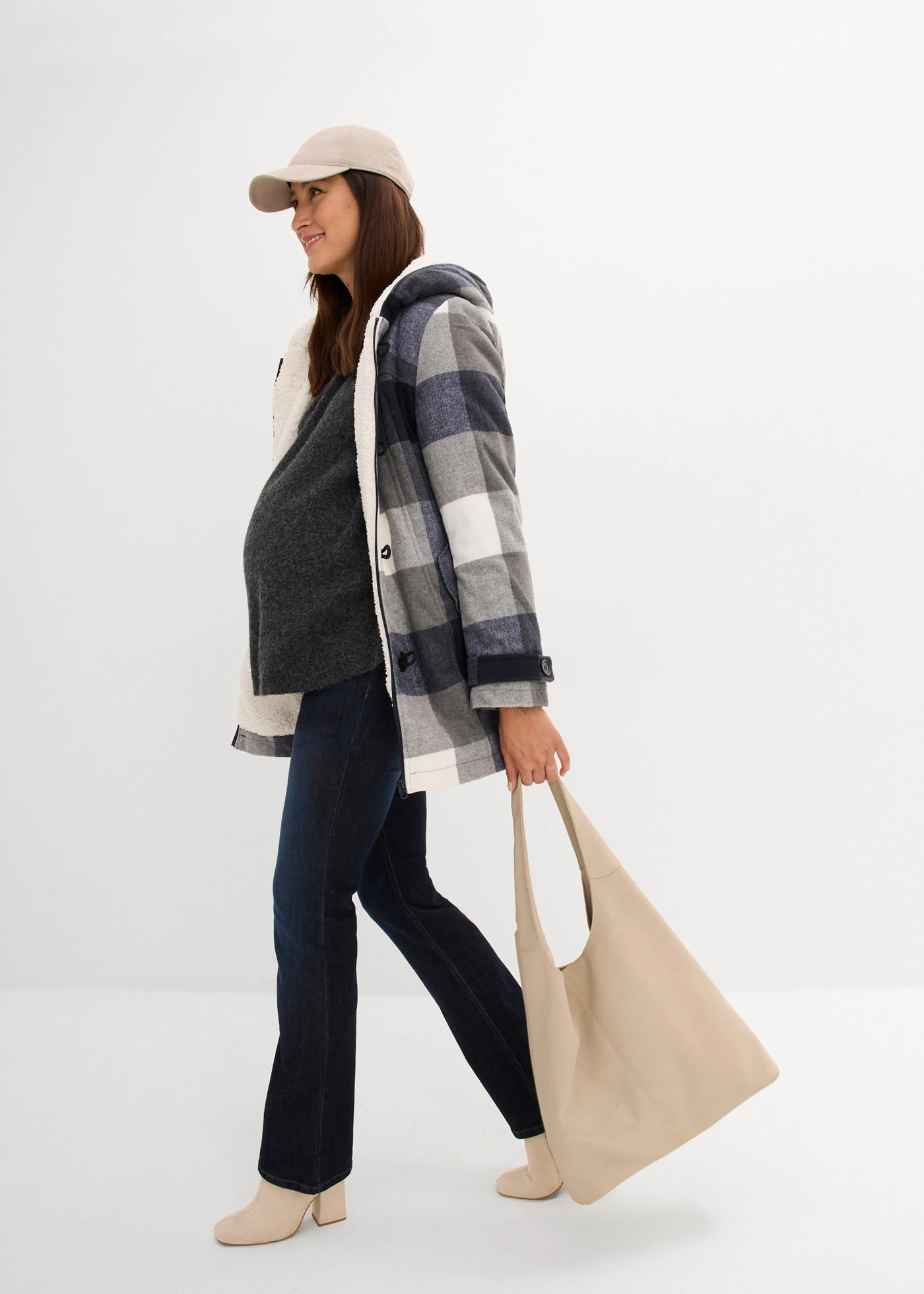 Vlněná těhotenská a nosicí bunda s medvídkovou podšívkou • tmavě modro-šedá kostka • bonprix obchod