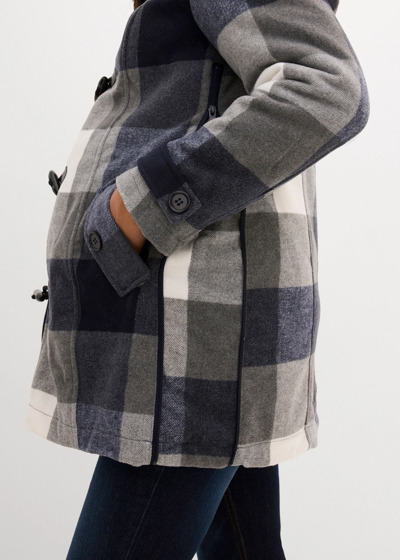 Veste de grossesse et de portage en laine avec doublure peluche • bleu foncé/gris à carreaux • Boutique bonprix